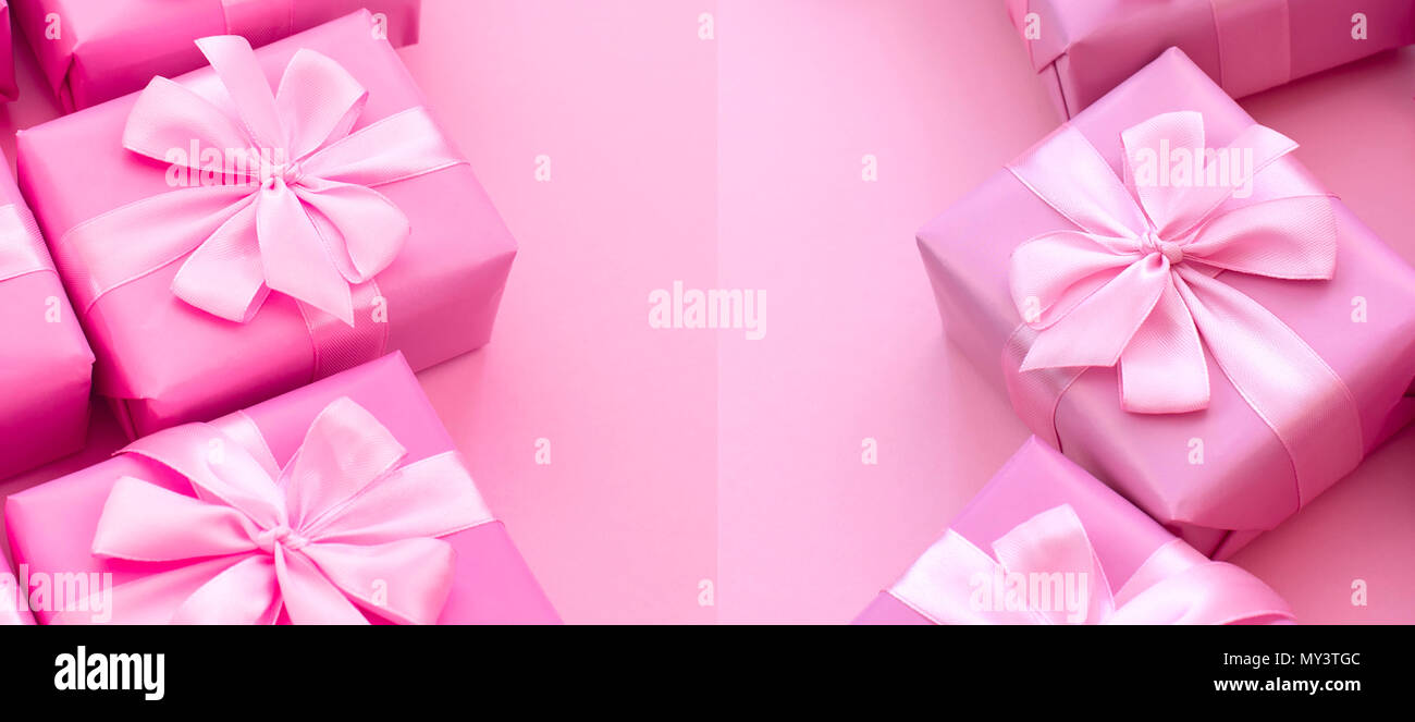 Banner Decorative Holiday Gift Boxes With Pink Color On Pink