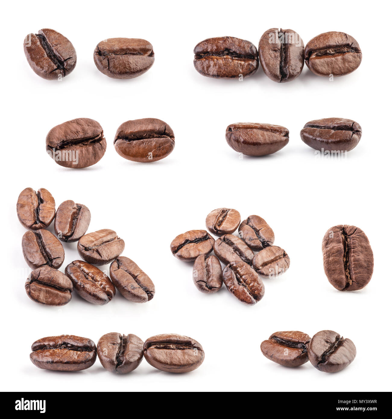 Collection of Coffee beans isolated on white background, closeup, macro Stock Photo