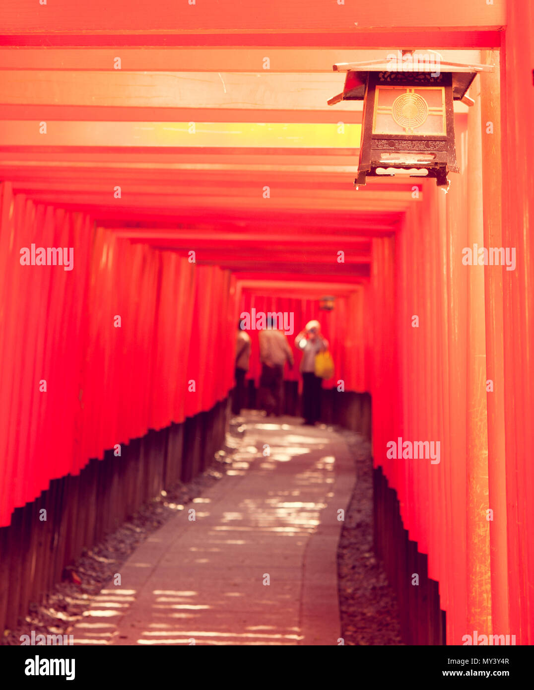 Red door named Torii and lantern hanged in Fushimi Inari shrine, Kyoto, Japan Stock Photo