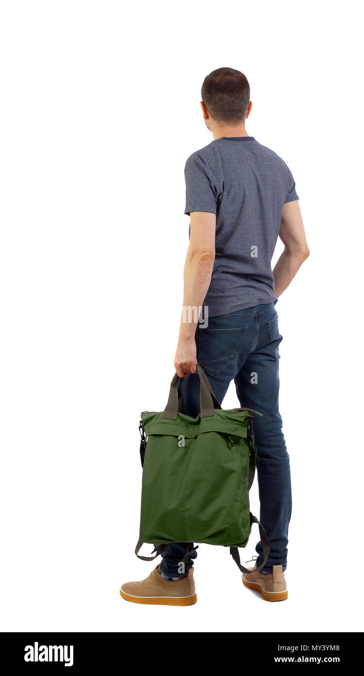 Back view of a man with a green bag. backside view of person. Rear view ...