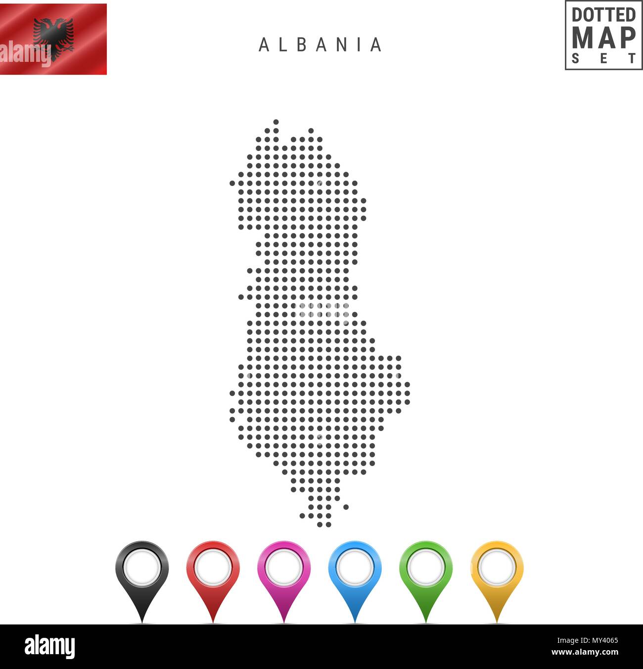 Vector Dotted Map of Albania. Simple Silhouette of Albania. National Flag of Albania. Set of Multicolored Map Markers Stock Vector