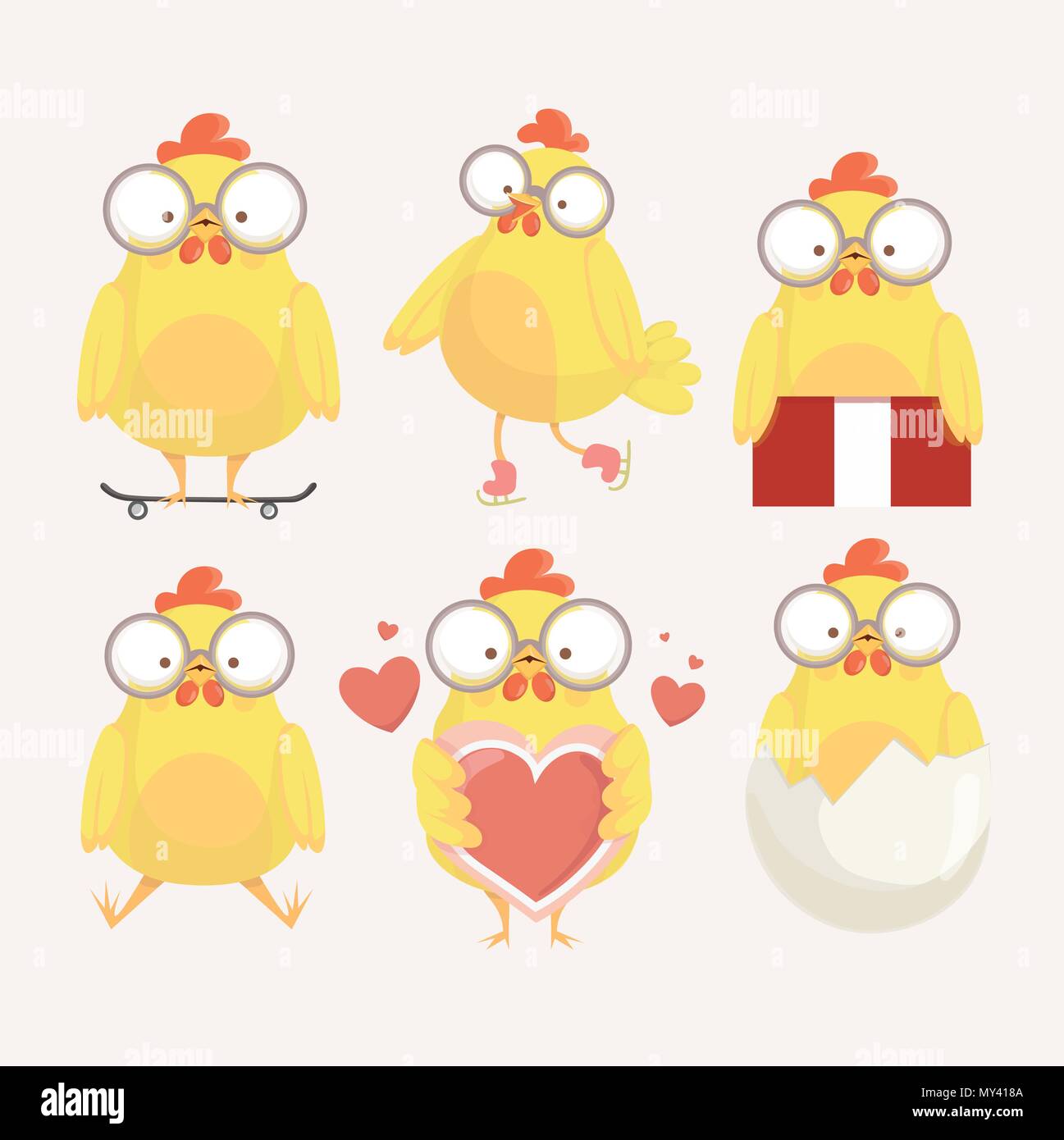 Funny yellow chickens in different poses, vector illustration. Stock Vector