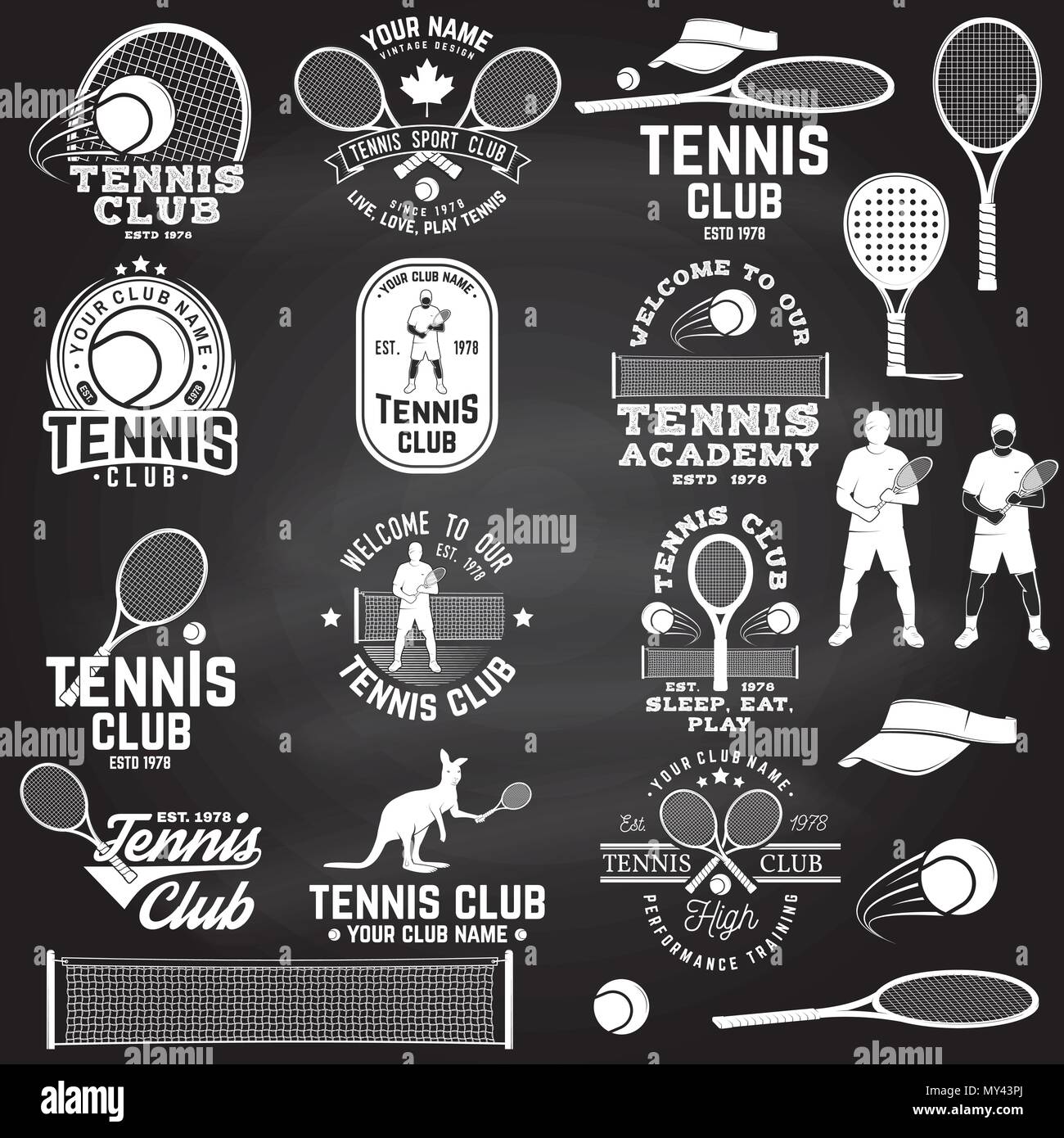 Set of Tennis club badges with design element on the chalkboard. Vector.  Concept for shirt, print, stamp or tee. Vintage typography design with  tennis player, racket, tennis visor and ball silhouette Stock