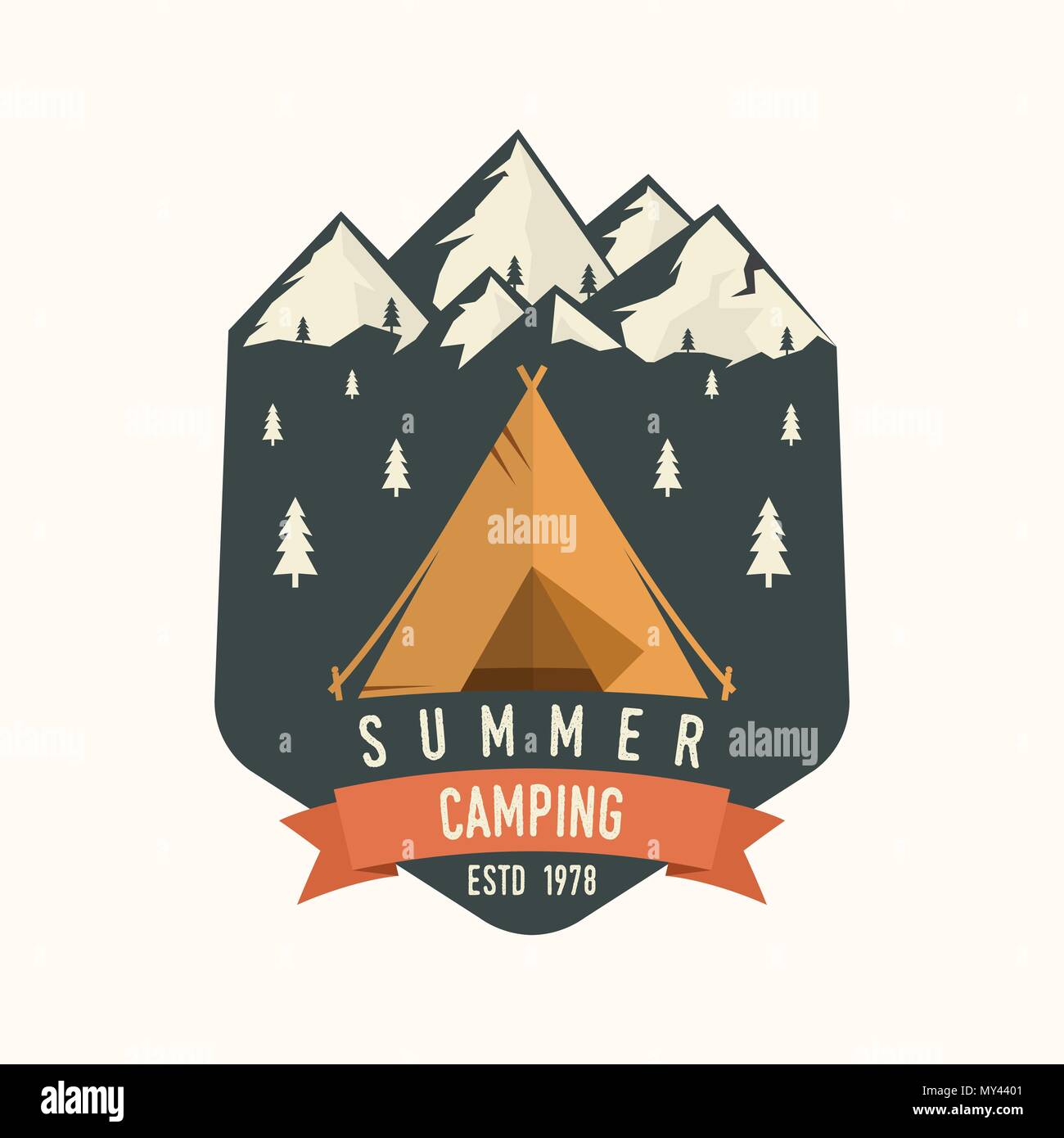 Camping club. Vector illustration. Concept for shirt or logo, print, stamp or tee. Vintage typography design with Camper tent, mountains and forest silhouette. Stock Vector
