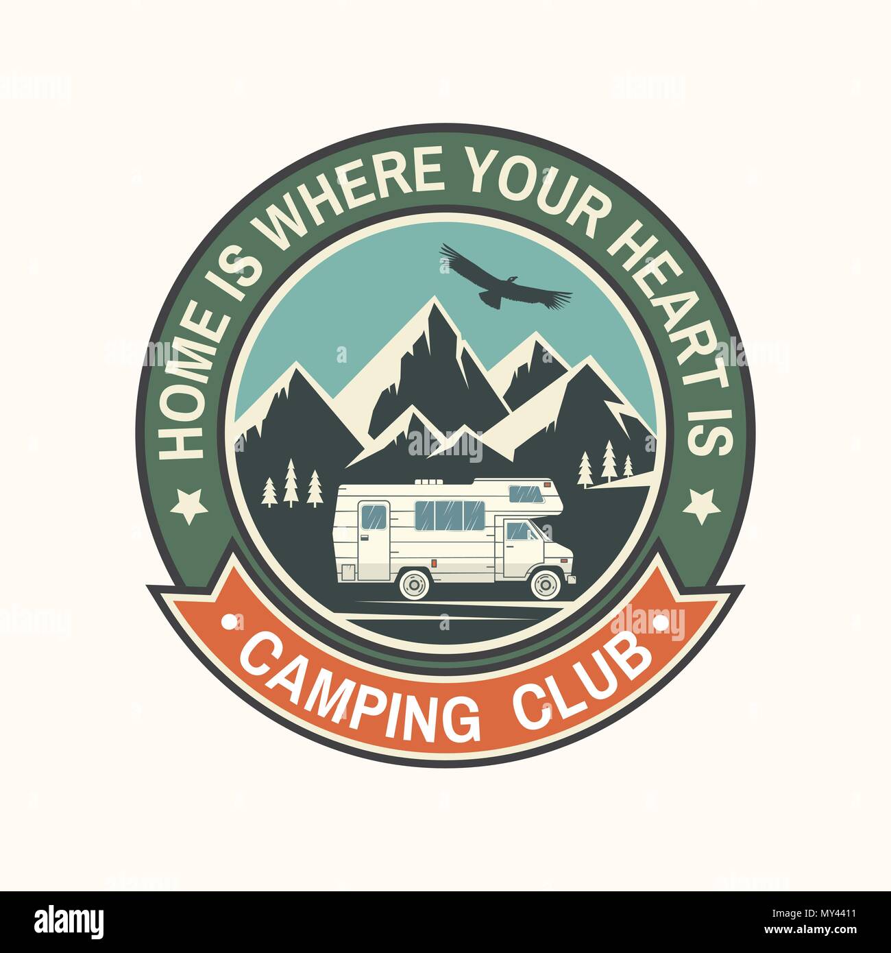 Camper and caravaning club. Vector illustration. Concept for shirt or logo, print, stamp or tee. Vintage typography design with Camper trailer and mountain silhouette. Stock Vector