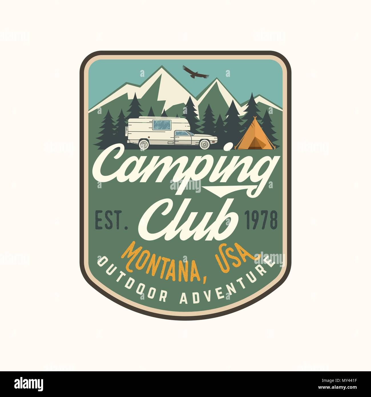 Camping club. Vector illustration. Concept for shirt or logo, print, stamp, paych or tee. Vintage typography design with Camper tent and forest silhouette. Stock Vector