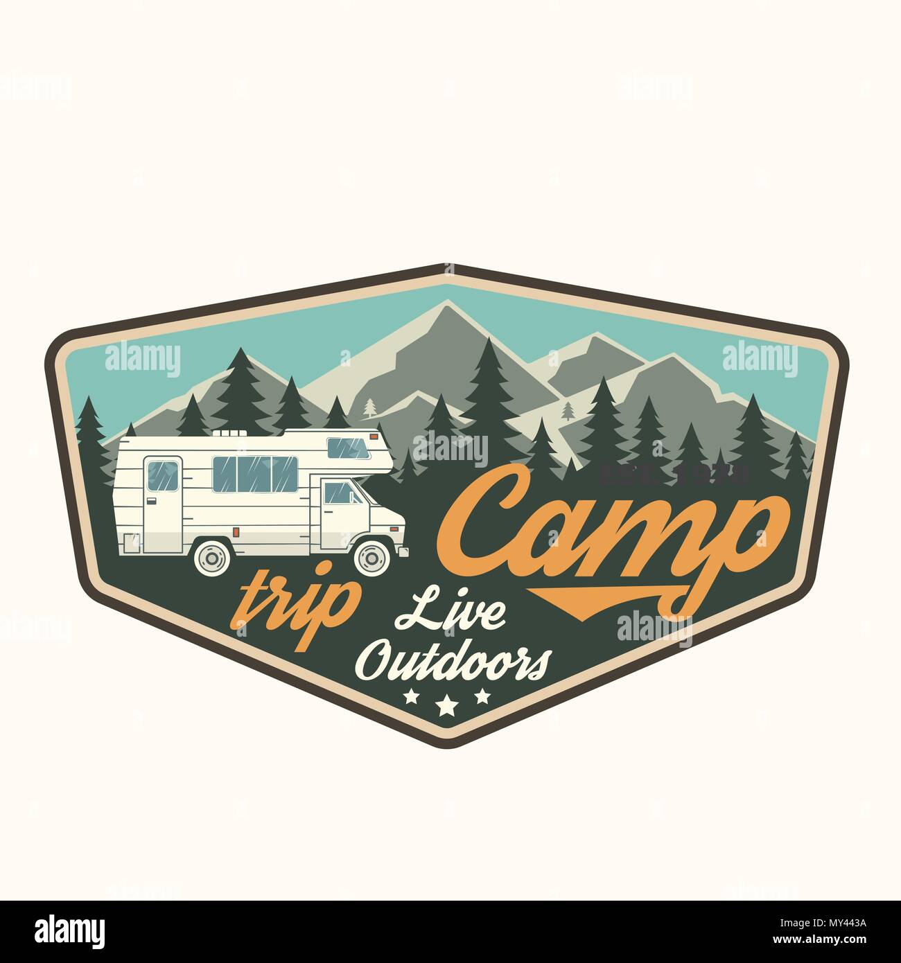 Camp trip. Live outdoors. Vector illustration. Concept for shirt or logo, print, stamp, patch or tee. Vintage typography design with Camper Van silhouette. Stock Vector