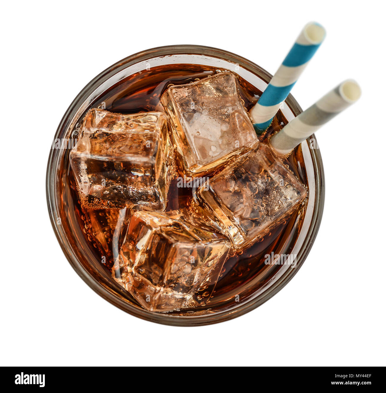 Glass of cola drink with ice isolated on white background, top view ...