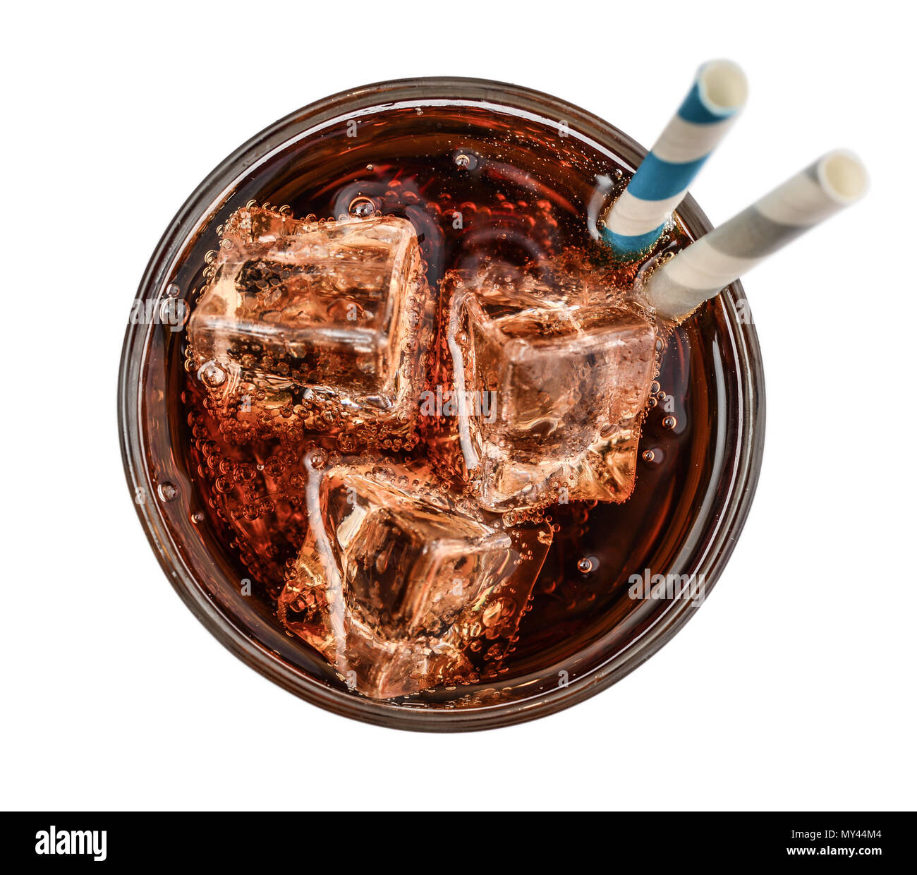 Glass of cola drink with ice isolated on white background, top view ...
