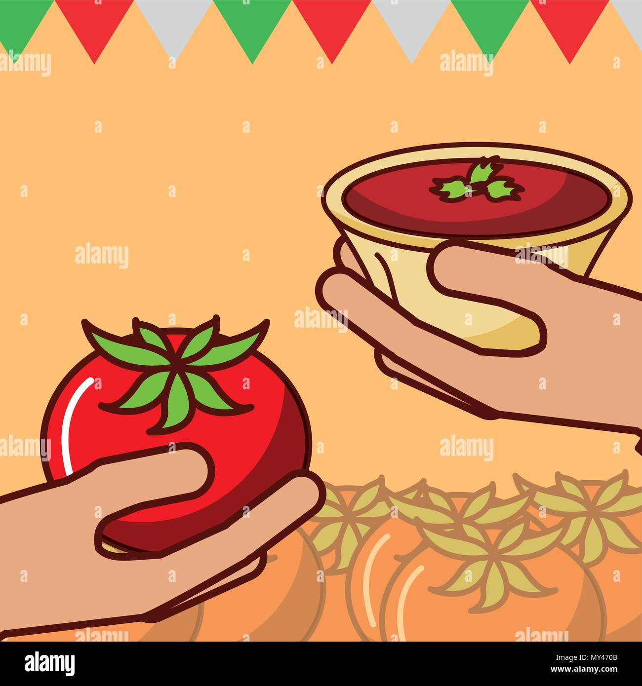 hands with tomato and sauce mexican food vector illustration Stock ...