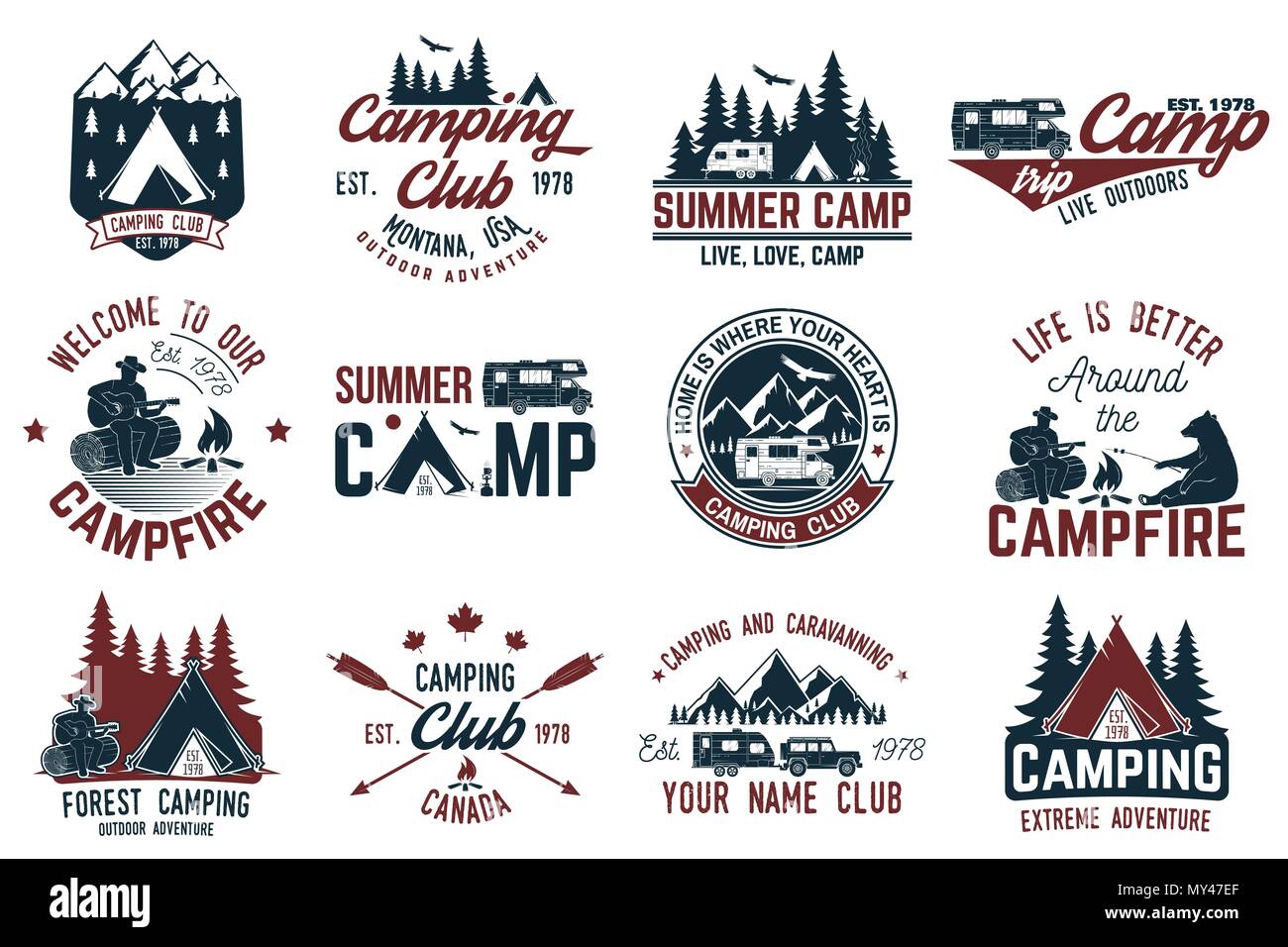 Summer Camp Vector Illustration Concept For Shirt Or Logo Print Stamp Or Tee Vintage Typography Design With Rv Trailer Camping Tent Campfire B Stock Vector Image Art Alamy