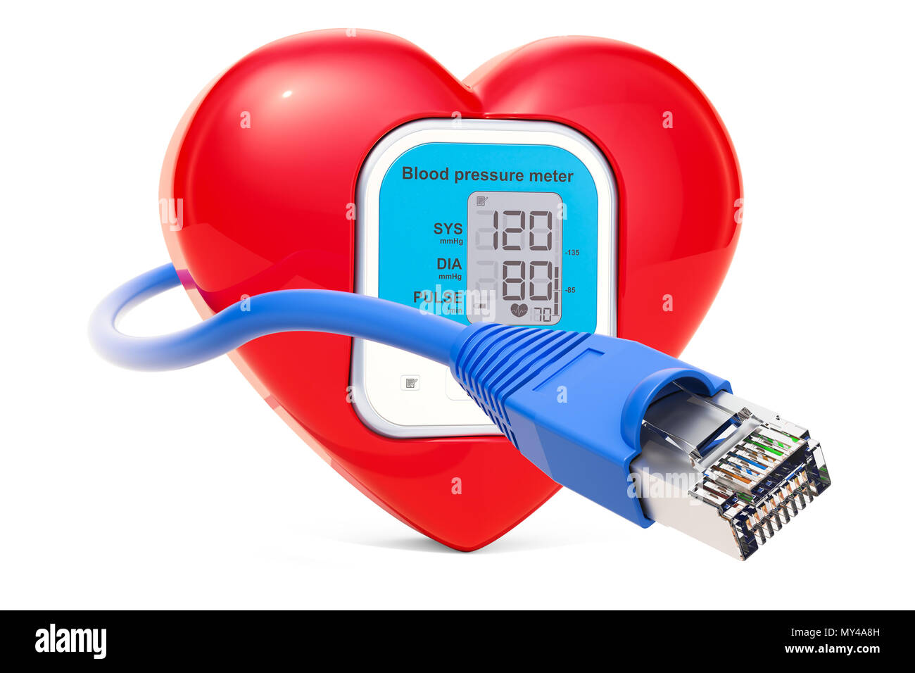 Red heart with monitor from sphygmomanometer and lan cable, 3D ...