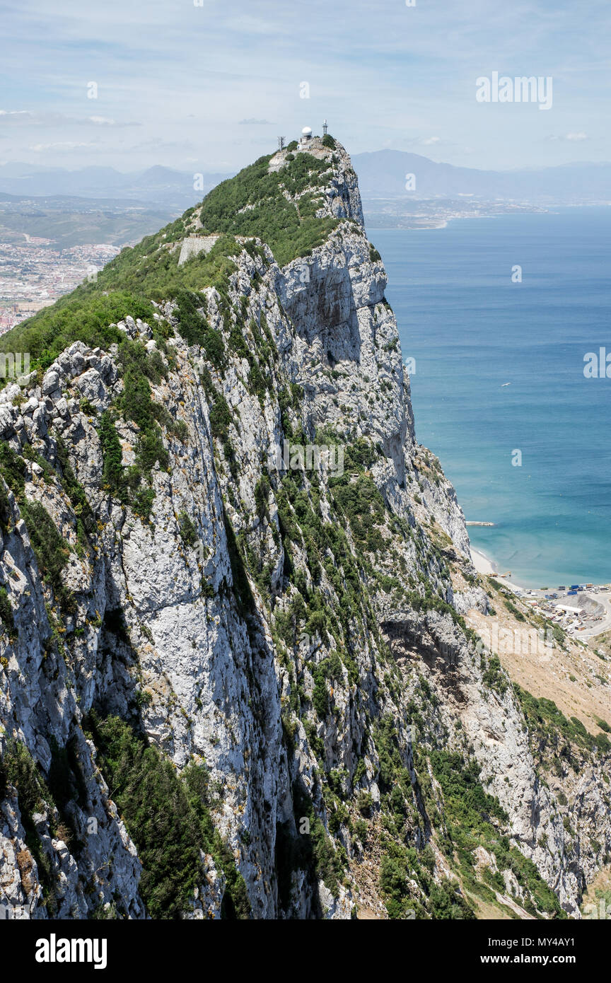The Rock of Gibraltar seen from the viewing platform at the cable car station Stock Photo