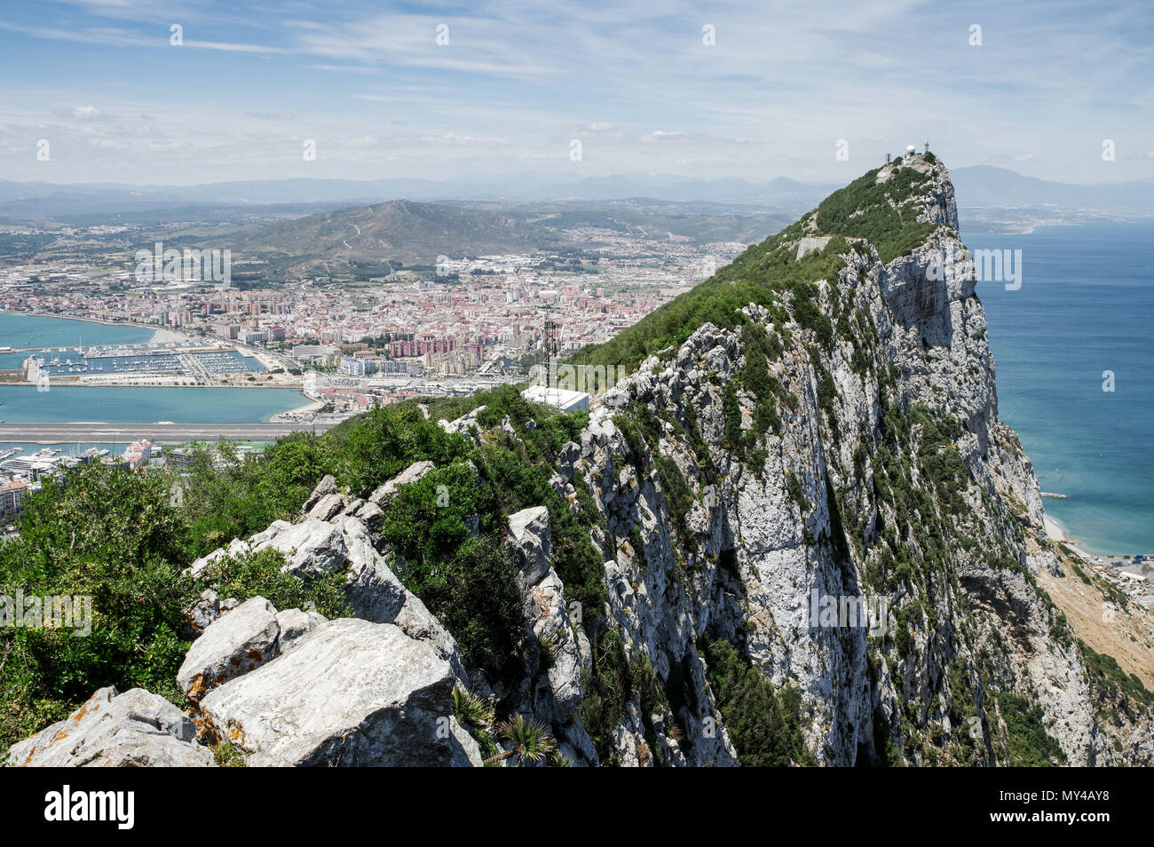 The Rock of Gibraltar seen from the viewing platform at the cable car station Stock Photo