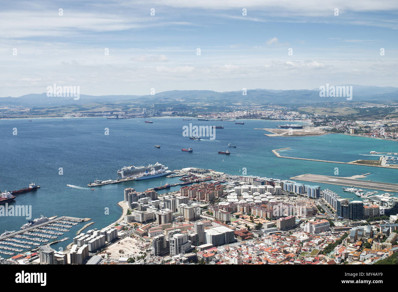 Downtown Gibraltar seen from the cable car station at the Rock of Gibraltar Stock Photo