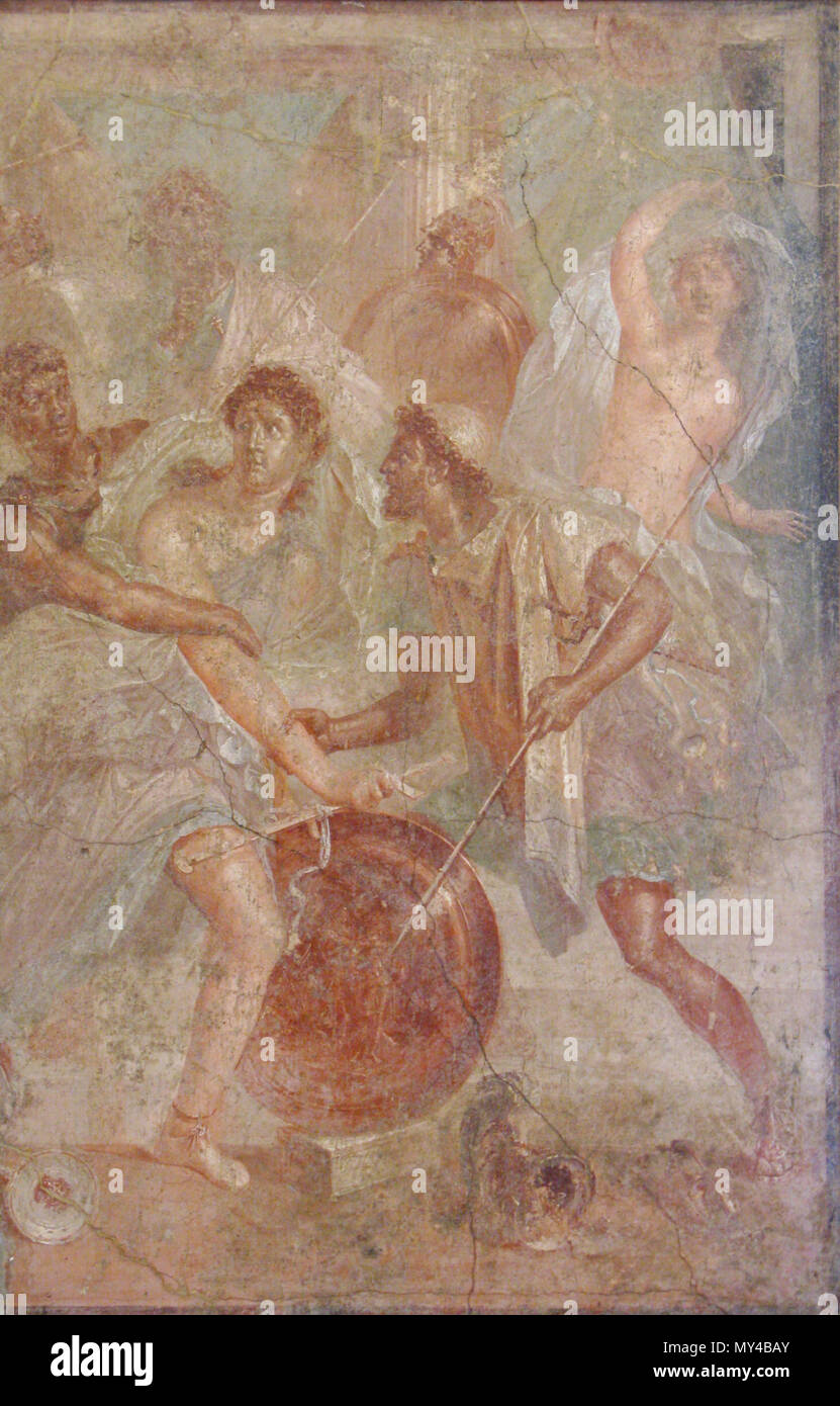 . Italiano: Achille a Sciro, Museo archeologico nazionale di Napoli, (inv. nr. 9110). Da Pompei, Casa dei Dioscuri. Ulisse riconosce Achille, travestito da donna, tra le figlie del re Licomede a Sciro. English: Achilles between Diomedes and Odysseus at Scyros. 19 July 2009. Olivierw 22 Achille a Sciro Stock Photo