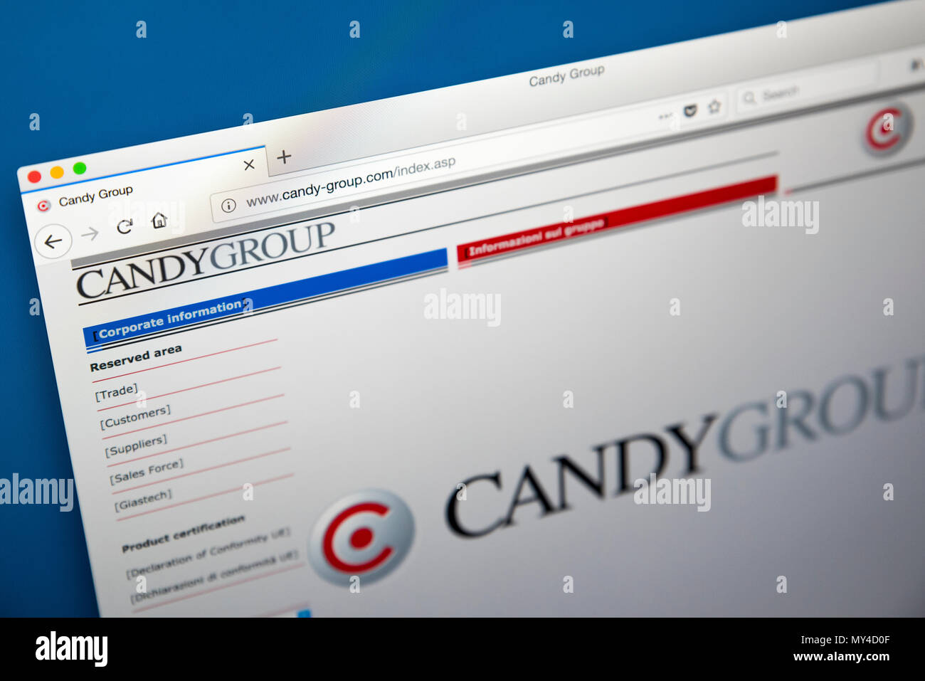 LONDON, UK - MAY 29TH 2018: The homepage of the official website for Candy - the Italian company that manufactures domestic appliances, on 29th May 20 Stock Photo