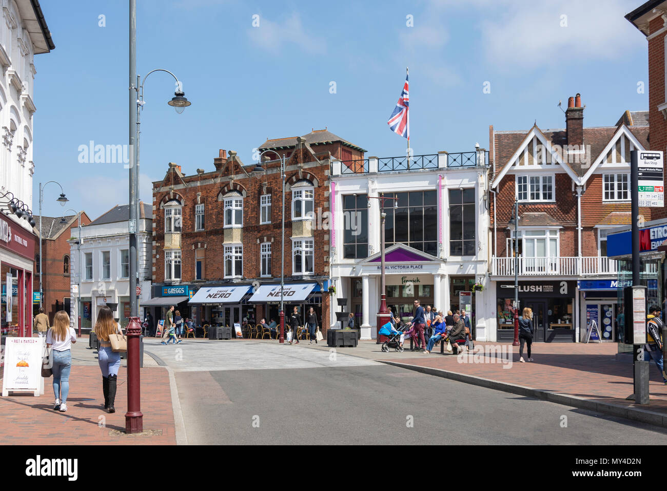 Royal Victoria Place shops on corner of Grosvenor and Calverley Roads, Royal Tunbridge Wells, Kent, England, United Kingdom Stock Photo