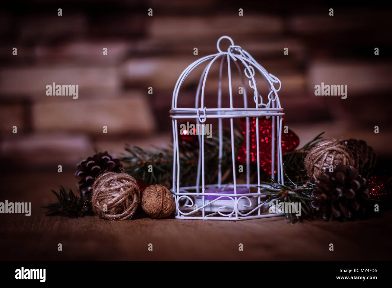 Christmas background.Christmas candle and Christmas tree decorat Stock