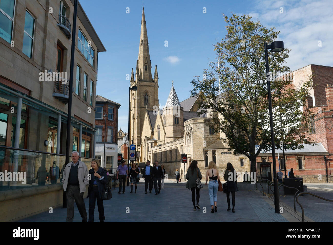 Tudor Square in Sheffield city centre. Roman Catholic Cathedral Church of St Marie, England UK streetscene Stock Photo