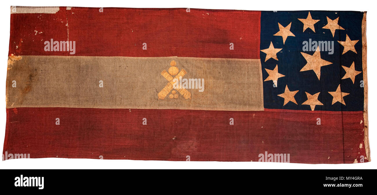 . This Confederate First National pattern flag represented 'Hart's Battery,' also known as the 'Dallas Artillery' which was organized at Dallas, Arkansas (Polk County), in August, 1861. Hart's Battery fought at the Battle of Pea Ridge, where it lost its guns and its flag. The battery was first disbanded on a charge of dishonorable conduct in the face of he enemy, but was later cleared and was allowed to reorganize in time to be captured again at the Battle of Arkansas Post on January 10, 1863. After the battery members were returned in a prisoner-of-war exchange, the unit was reorganized and r Stock Photo