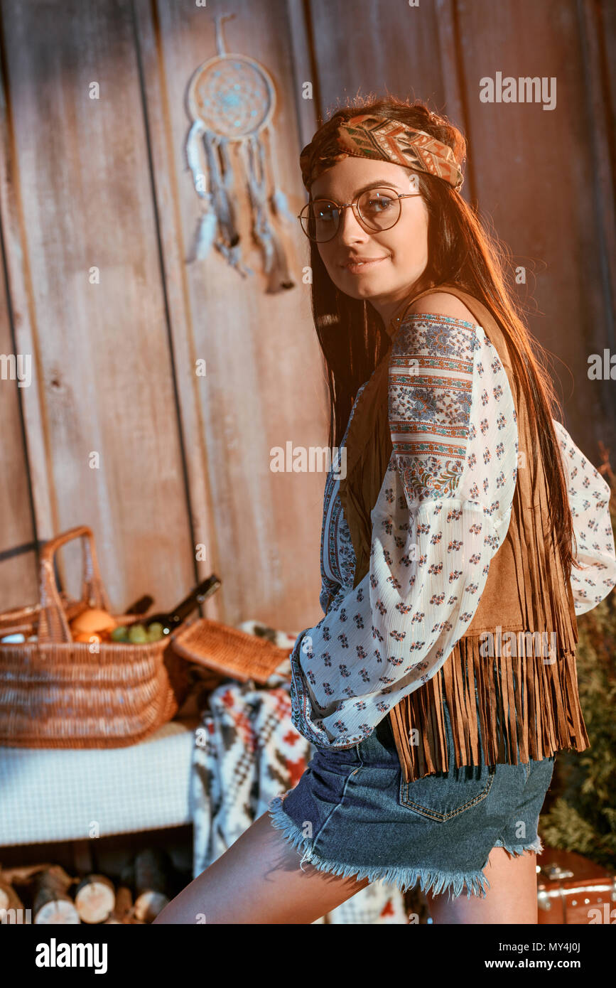 beautiful bohemian girl in headband and glasses Stock Photo
