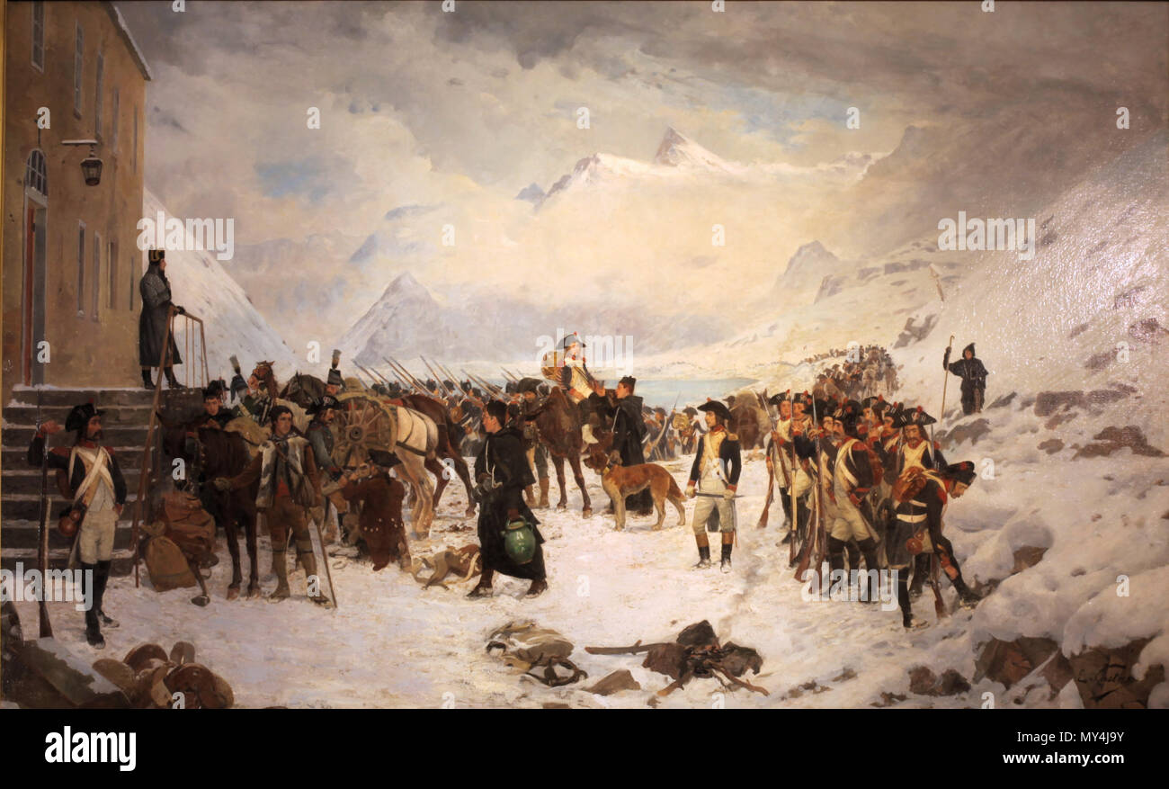 . English: Napoleon passing the Great St Bernard Pass, by Edouard Castres. Oil on canvas, on display at Morges military museum. . Rama 154 Edouard Castres-Bonaparte au St-Bernard IMG 3221 Stock Photo