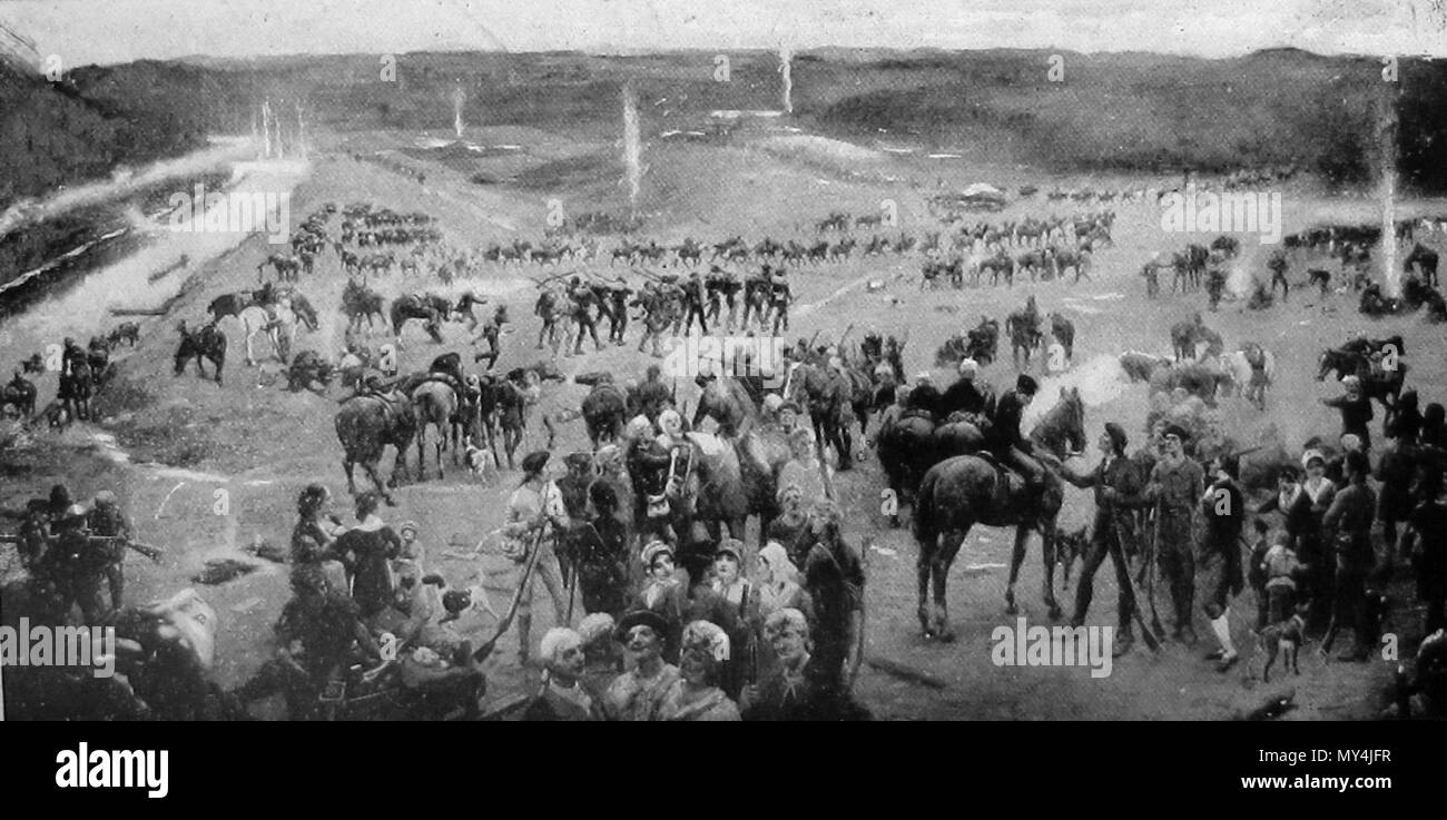 . English: Black and white reproduction of artist Lloyd Branson's Gathering of Overmountain Men at Sycamore Shoals, which depicts the gathering of the Overmountain Men en route to their victory over British loyalist forces at the Battle of Kings Mountain in 1780. 1915; reproduction published 1921. Lloyd Branson (painter) 203 Gathering-of-overmountain-men-branson-tn1 Stock Photo