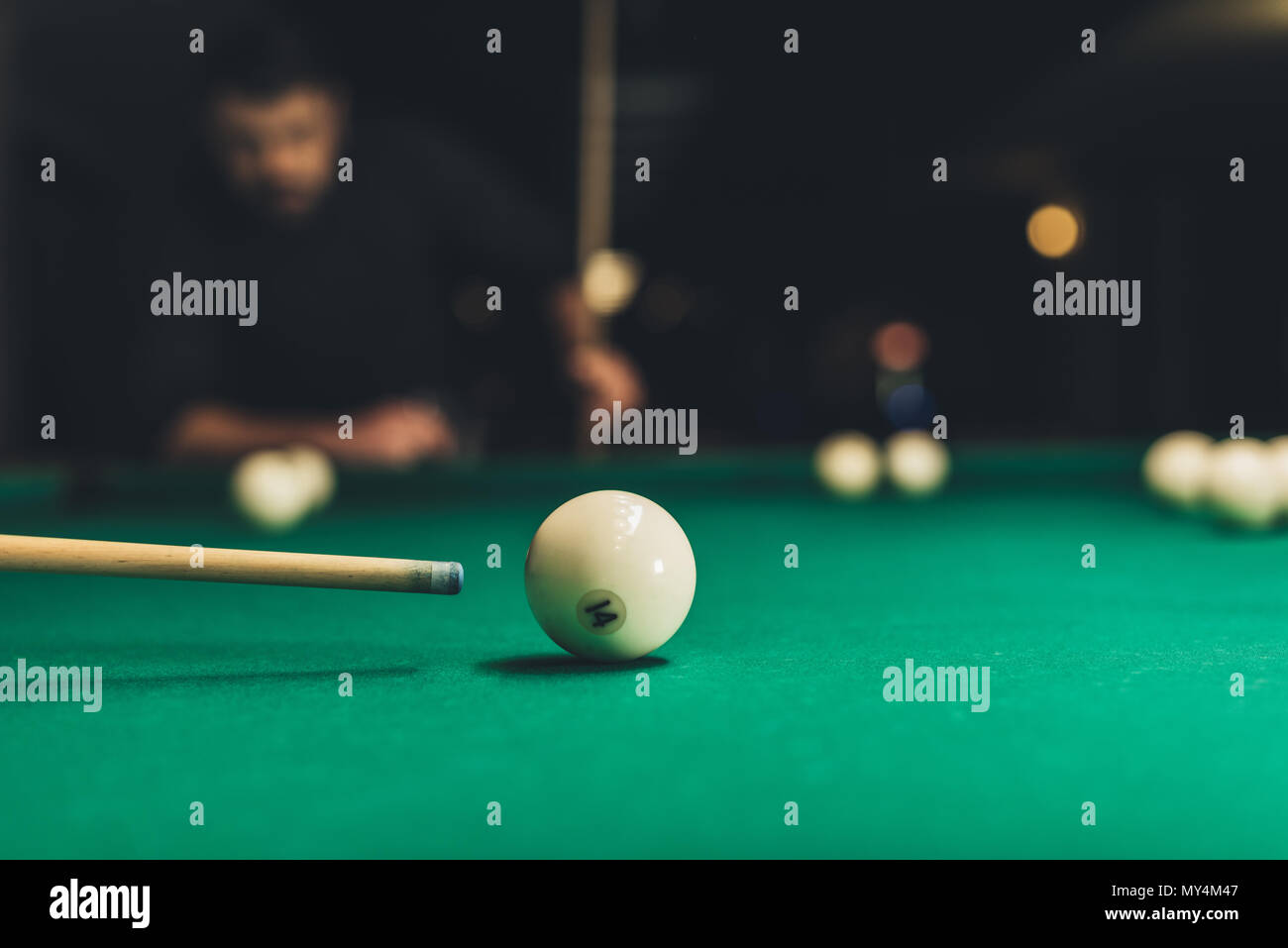 closeup pool table with russian billliard ball number 14 Stock Photo