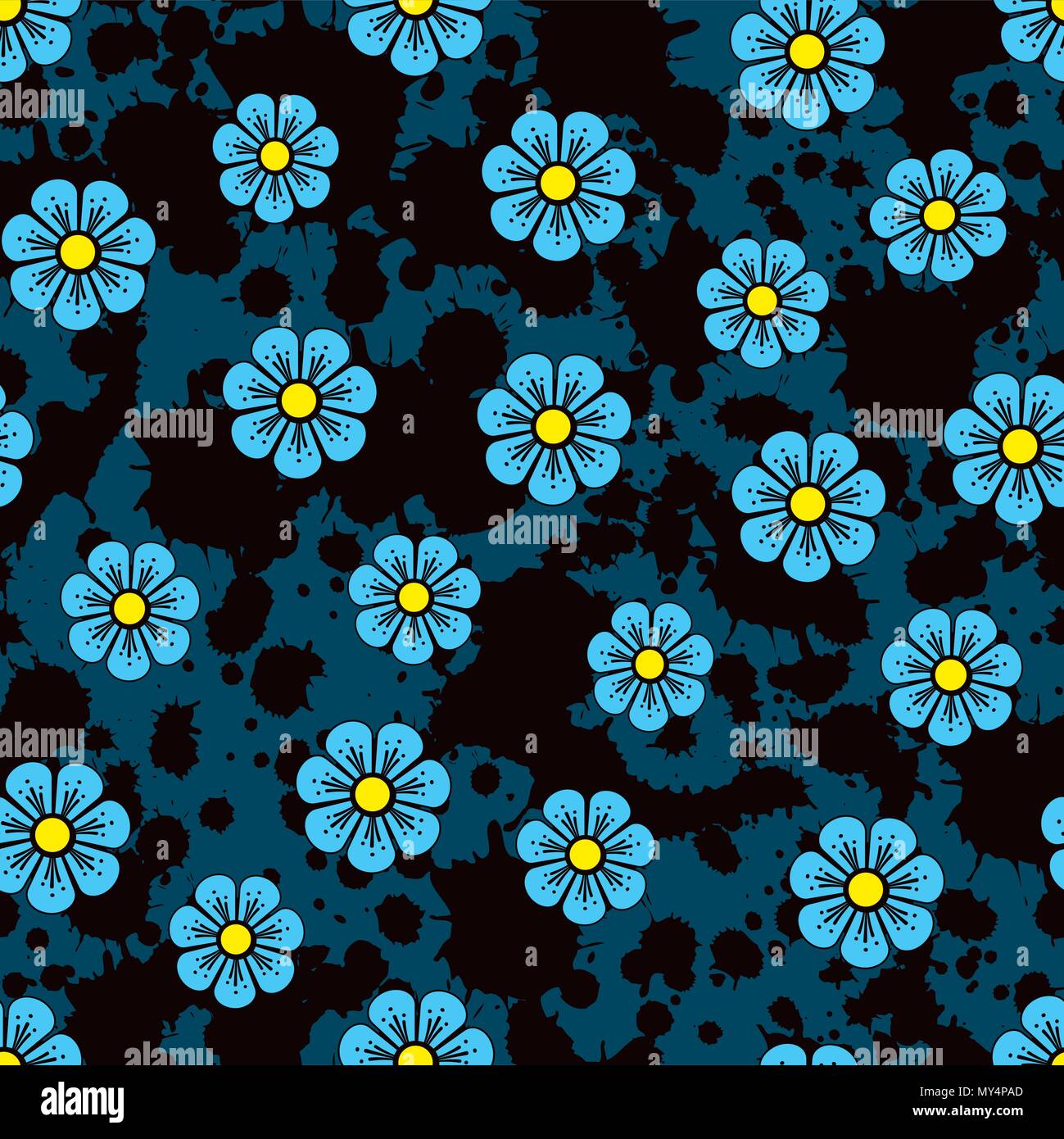 Flower pattern. Small blue flowers on a ink background. Use on wallpaper, fabric and textures Stock Vector