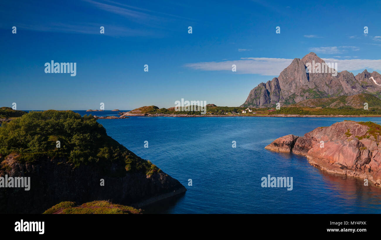 Panoramic view to Orsvagvaer village and Sandvika fjord , Austvagoy Island, Lofoten, Norway Stock Photo