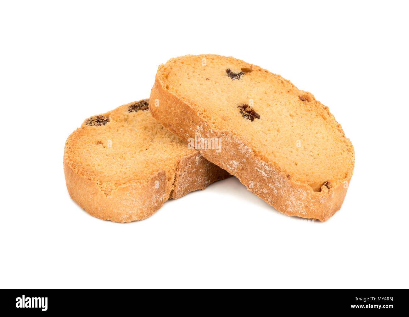 Two tasty rusk with raisins on a white background Stock Photo - Alamy