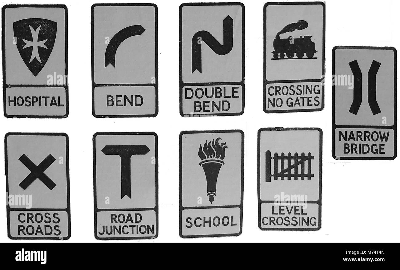 Old style British road traffic signs for Hospital: Bend: Double Bend: Crossing no gates: Narrow Bridge: Cross Roads: Road Junction: School : Level Crossing. Stock Photo