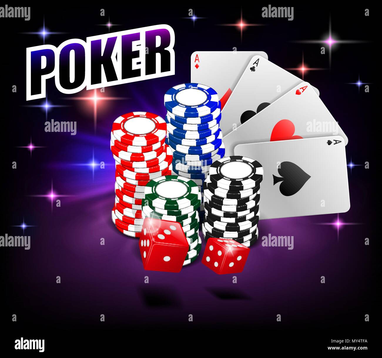 Casino Gambling Poker background design. Poker banner with chips, playing cards and dice. Online Casino Banner on shiny background. Vector illustration. Stock Vector