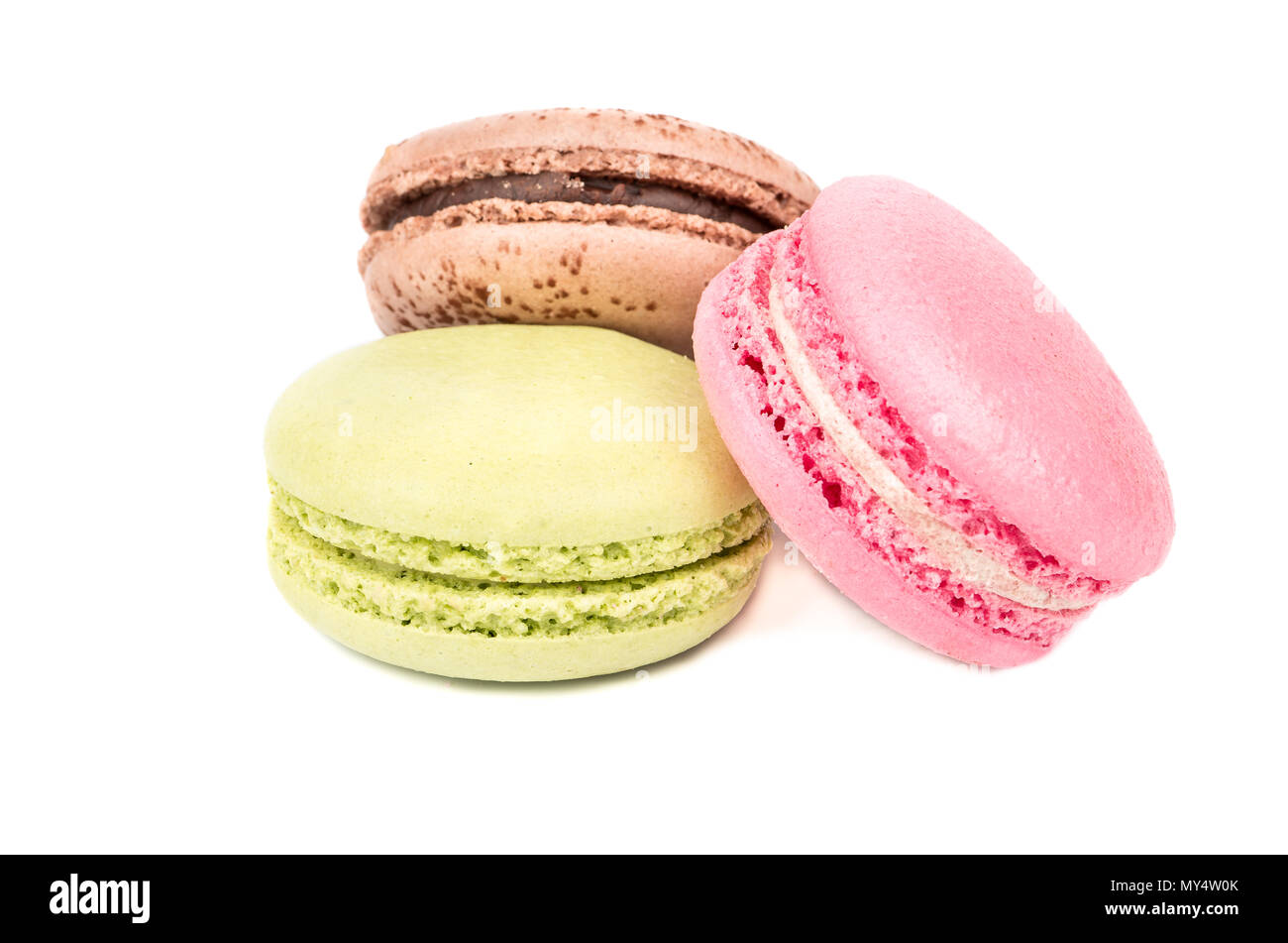 Delicious three multicolored macaroon on a white background Stock Photo