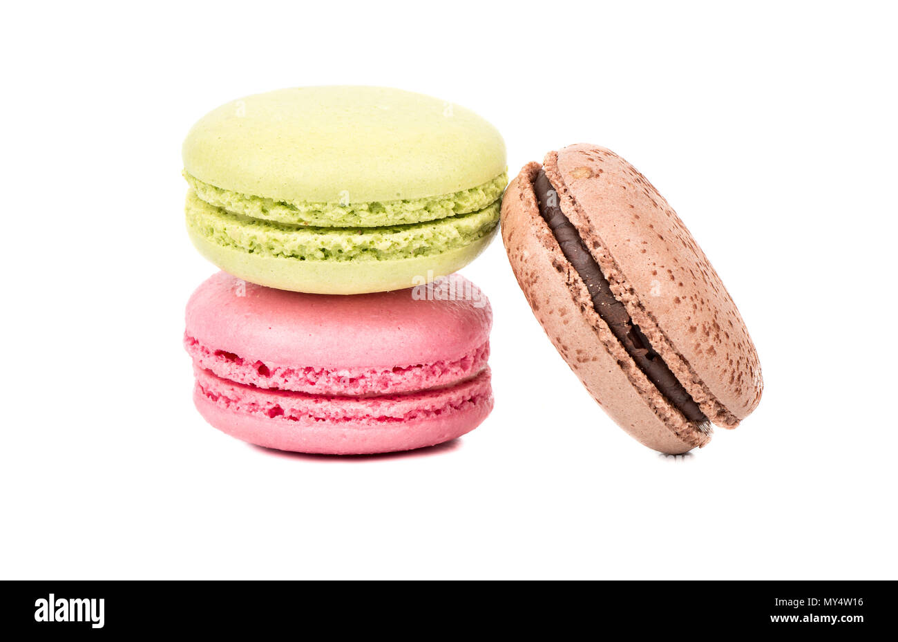 Three multicolored macaroon on a white background Stock Photo