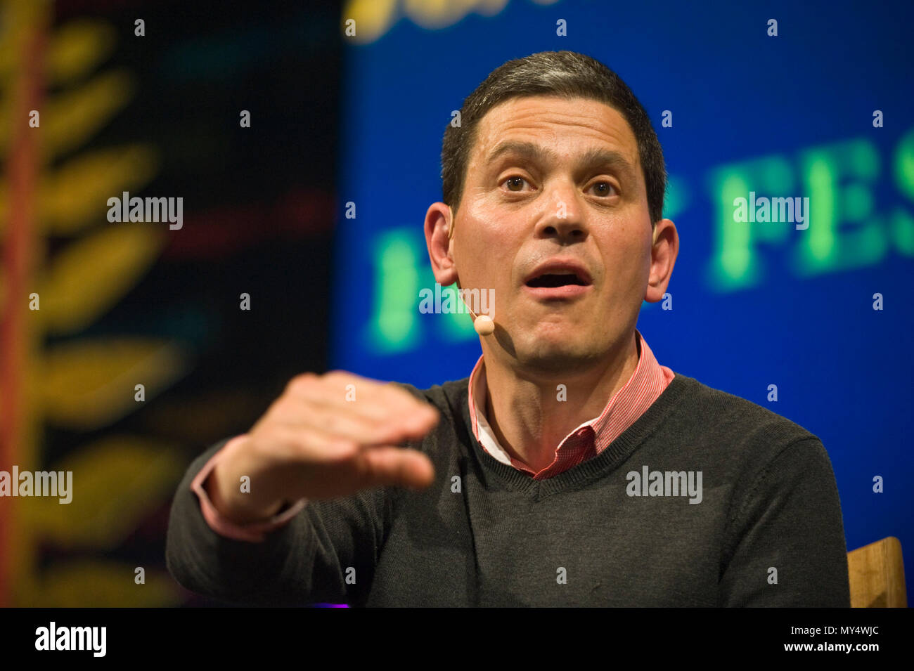David Miliband speaking on stage at Hay Festival 2018 Hay-on-Wye Powys Wales UK Stock Photo