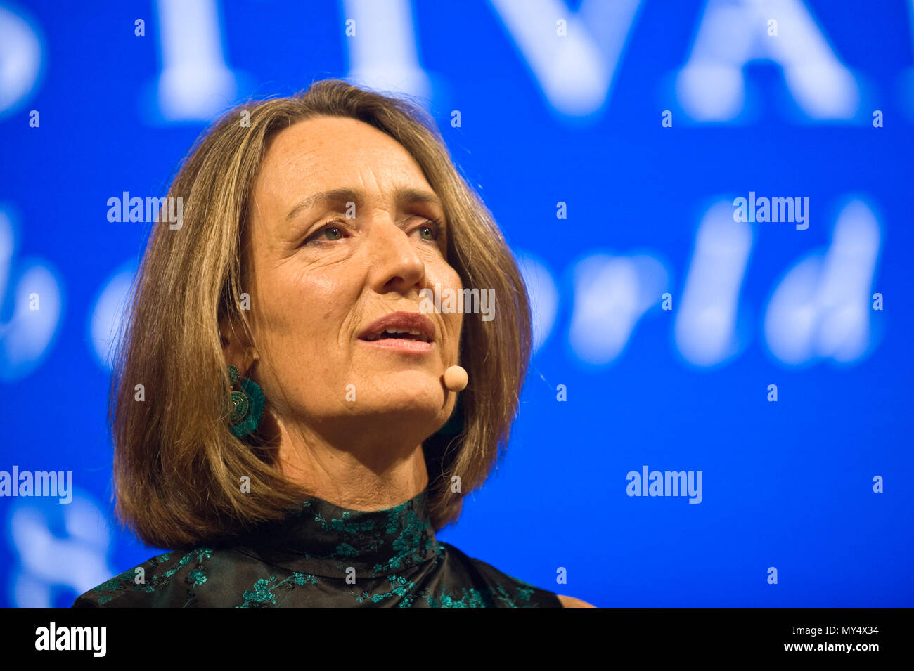 Francine Stock speaking on stage at Hay Festival 2018 Hay-on-Wye Powys Wales UK Stock Photo