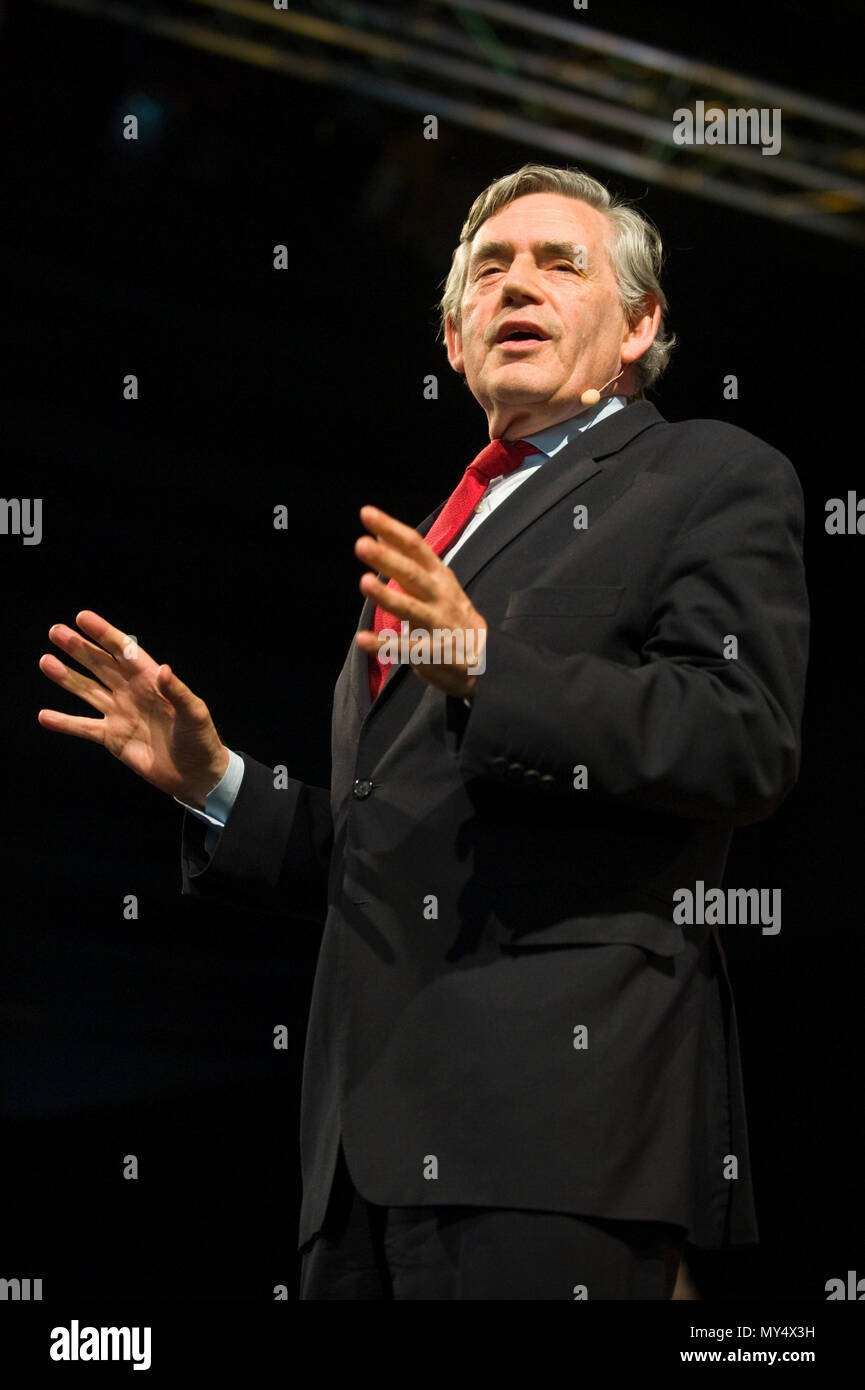 Gordon Brown former Prime Minister & leader of the Labour Party speaking on stage at Hay Festival 2018 Hay-on-Wye Powys Wales UK Stock Photo