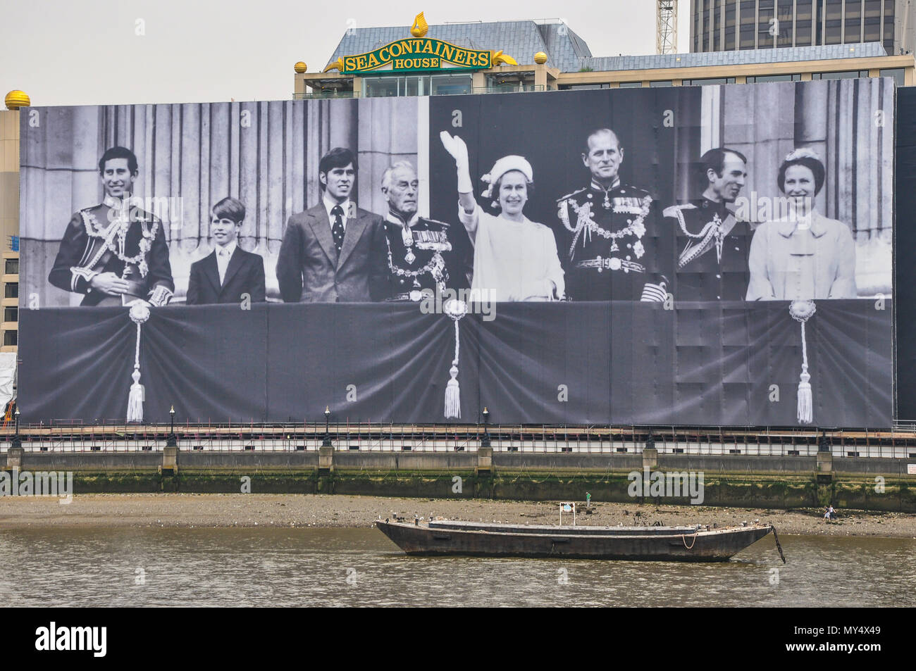Sea containers House, River Thames, London with royal family picture in celebration of the Diamond Jubilee in 2012 London. Queen Elizabeth Stock Photo