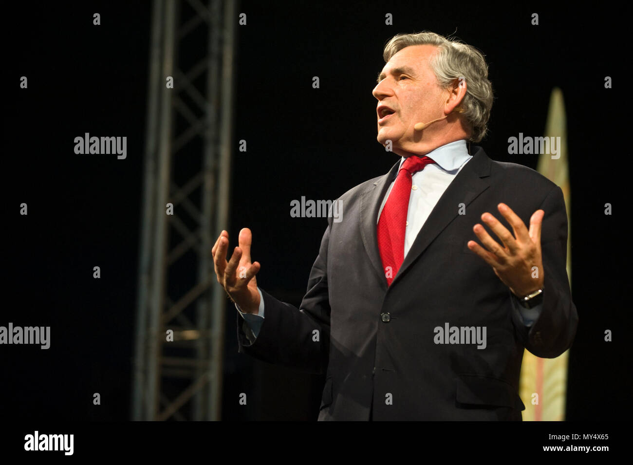 Gordon Brown former Prime Minister & leader of the Labour Party speaking on stage at Hay Festival 2018 Hay-on-Wye Powys Wales UK Stock Photo