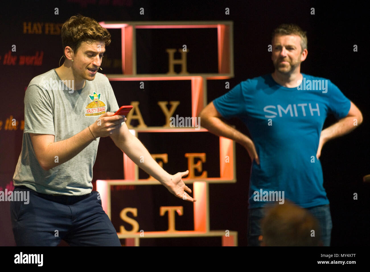 Greg James & Chris Smith on stage at Hay Festival 2018 Hay-on-Wye Powys Wales UK Stock Photo