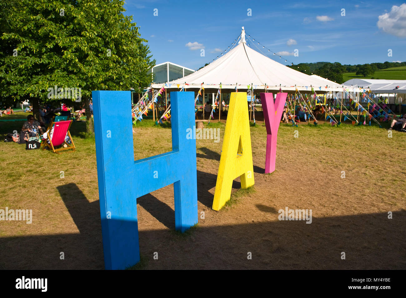 HAY sign in garden area at Hay Festival 2018 Hay-on-Wye Powys Wales UK Stock Photo