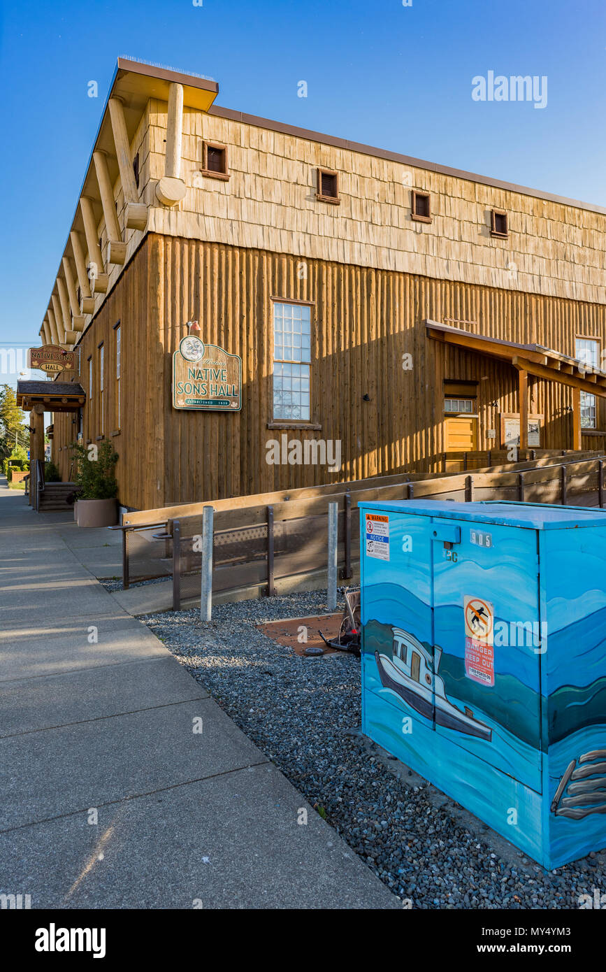 Native Sons Hall, largest free span log building in Canada, Built1928, Courtenay, Comox Valley, British Columbia, Canada. Stock Photo