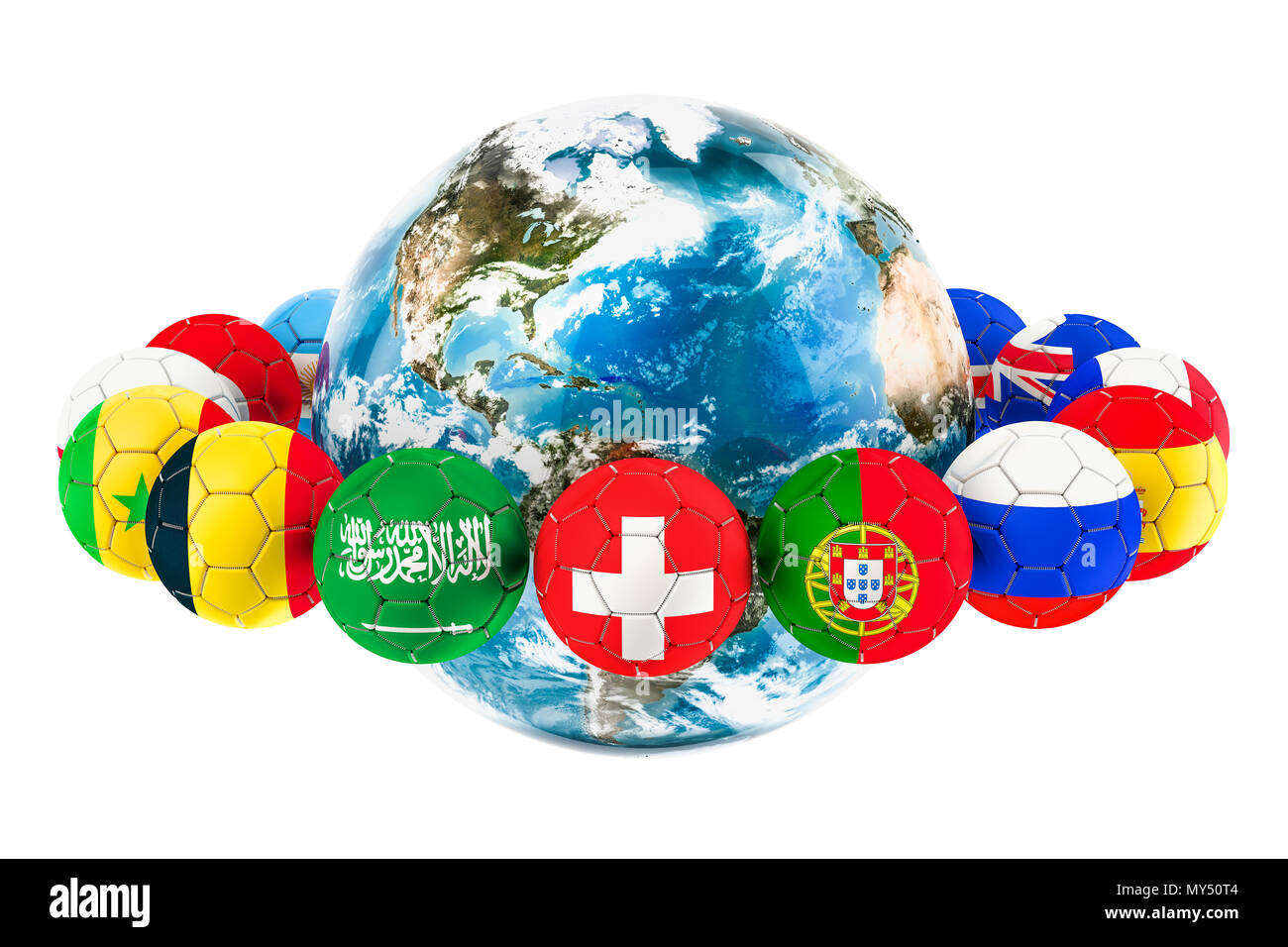 Soccer balls with flags around the Earth Globe, 3D rendering isolated