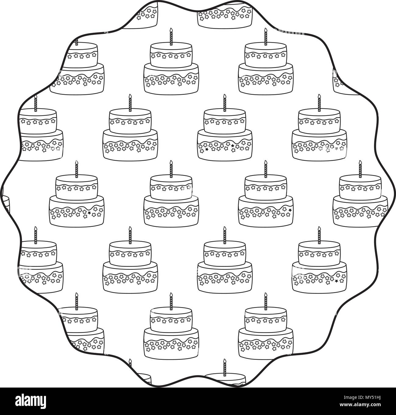 circular frame with birthday cake design over white background, vector ...