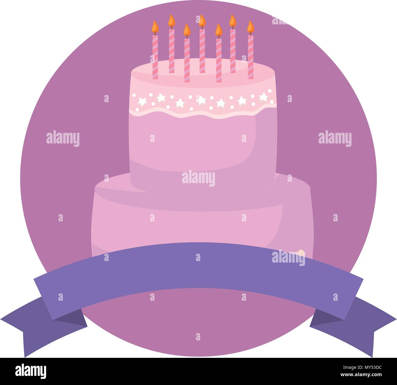 emblem with decorative ribbon and birthday cake icon over white ...