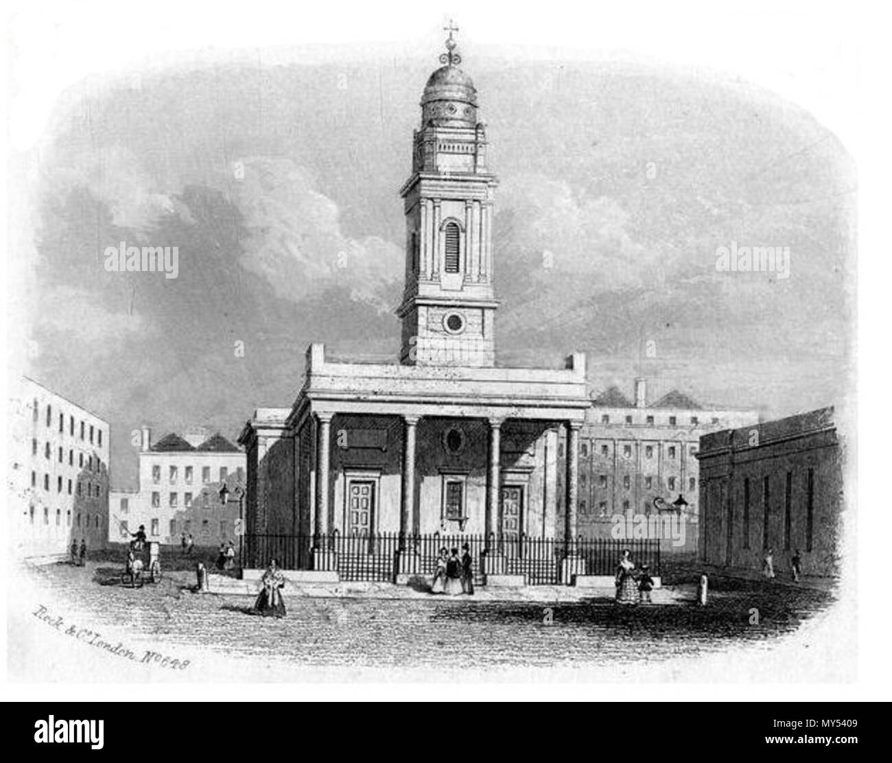 . English: Saint Peters Church, Mosley Street, Manchester (demolished 1907) . Published by Rock and Co prior to 1900 but exact date not known. See publishers name on print.. N S Aspdin. 469 Saint Peters Manchester Rock and Co Stock Photo