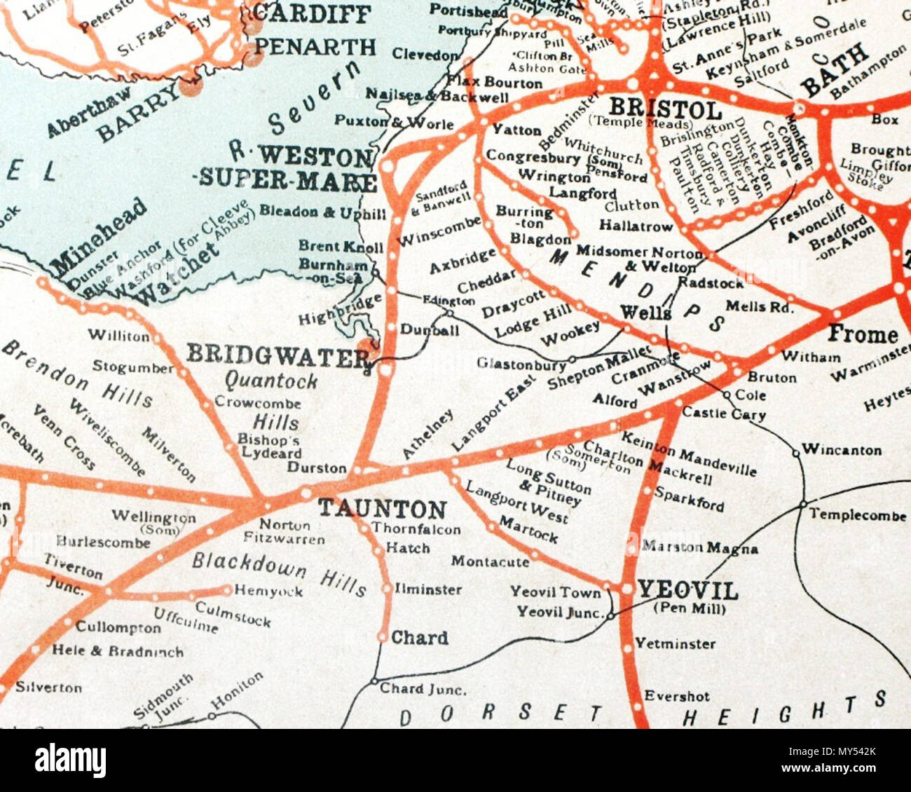 . English: The Great Western Railway system in Somerset, England. circa 1930. Great Western Railway 225 GWR map Somerset Stock Photo