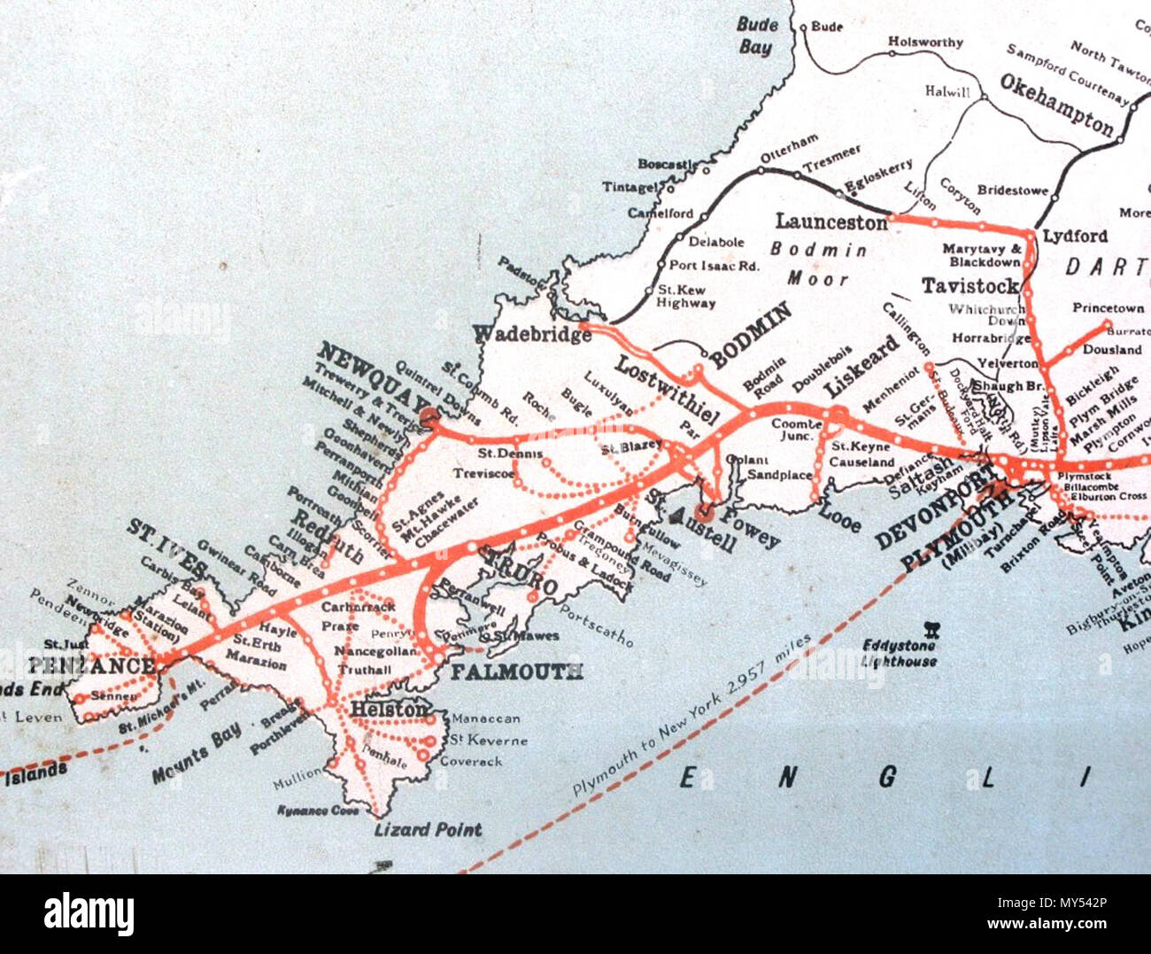 English: The Great Western Railway system in Cornwall, United Kingdom.  circa 1930. Great Western Railway 225 GWR map Cornwall Stock Photo - Alamy